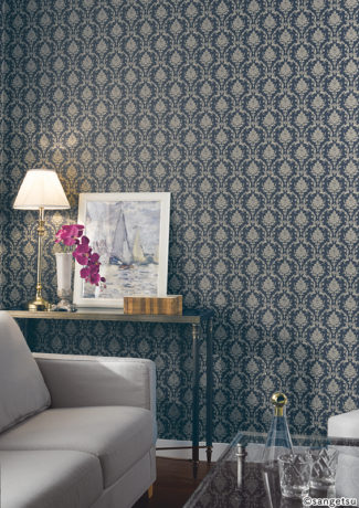 ブルーのダマスク柄を主役にした清潔感